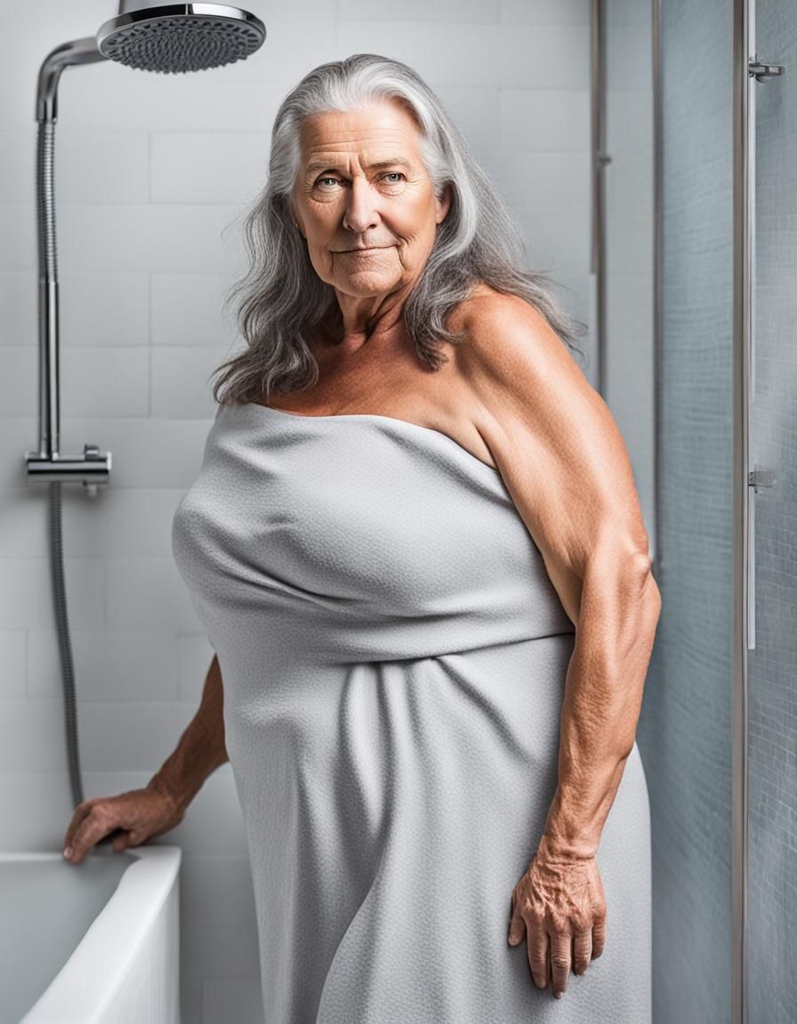 beautiful 61 year old bbw taking a shower, caucasian, long gray hair, (revealing:2.2), full body, frontal, close, photor...