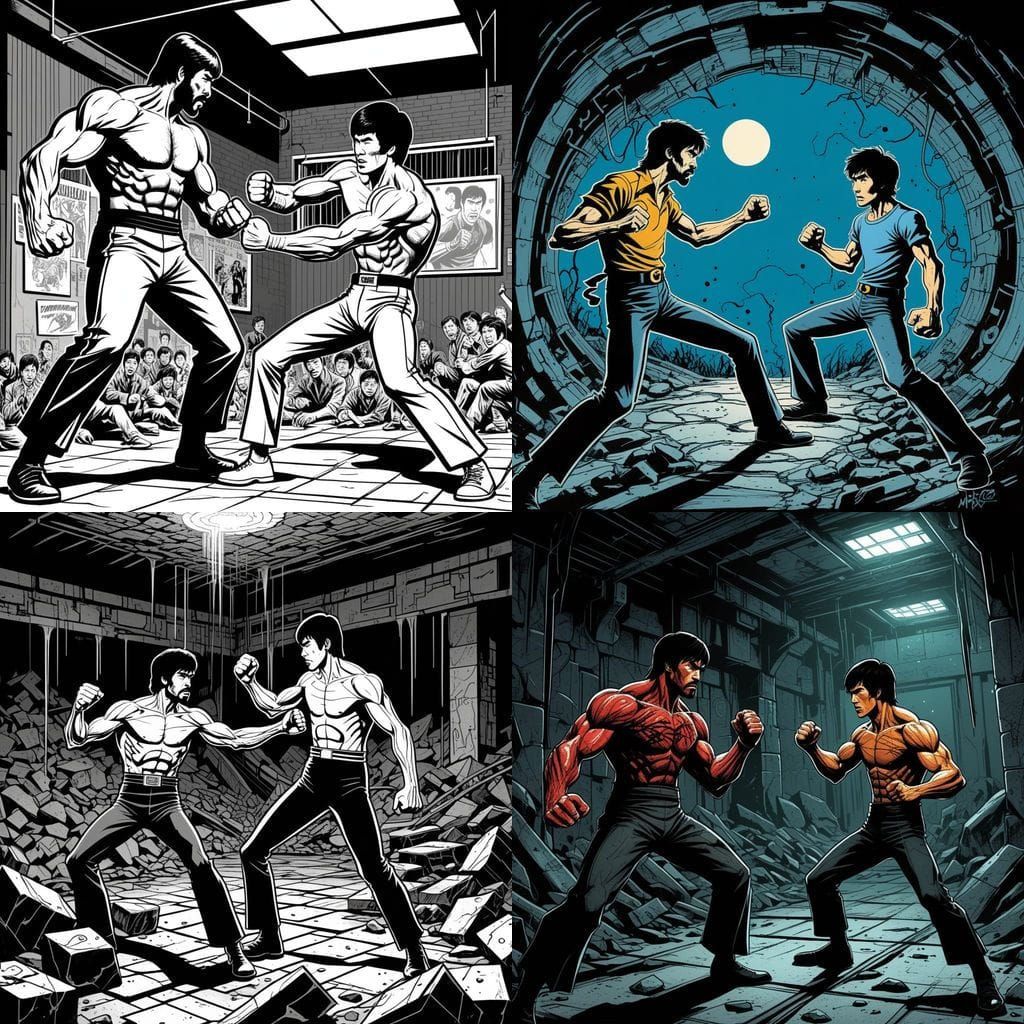 Chuck Norris vs Bruce Lee Tim Burton Comic Art