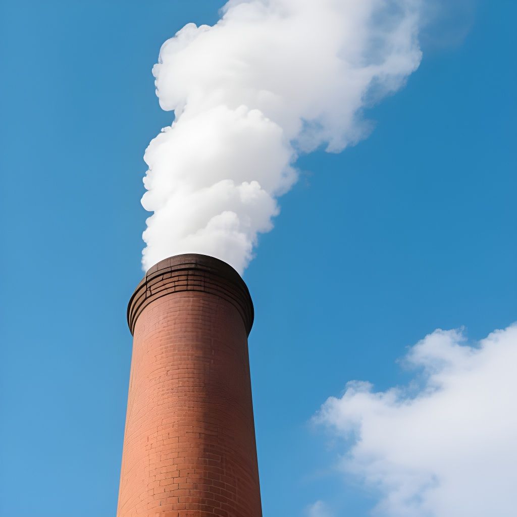 Tall Brick Chimney Stack Billowing Smoke Against Blue Sky