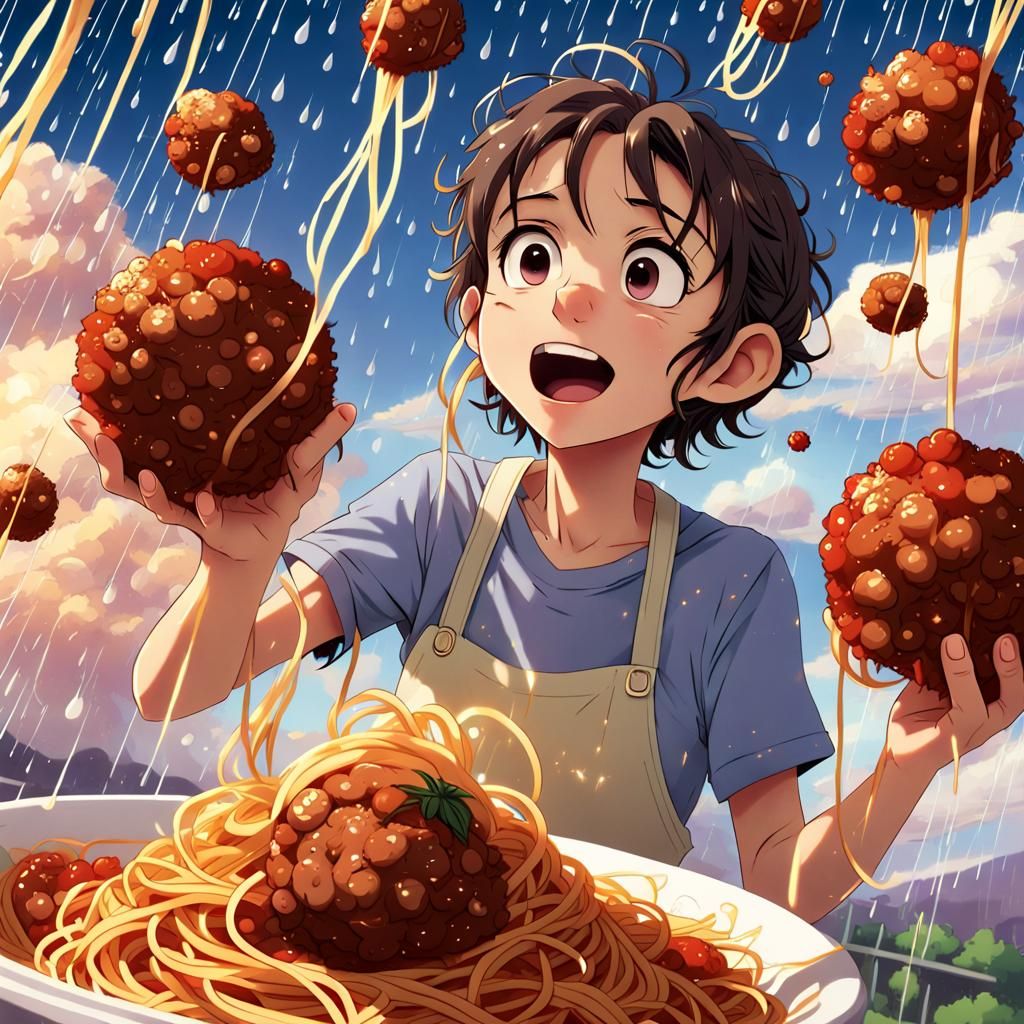 Meatball Spaghetti Rain in Anime Comic Style