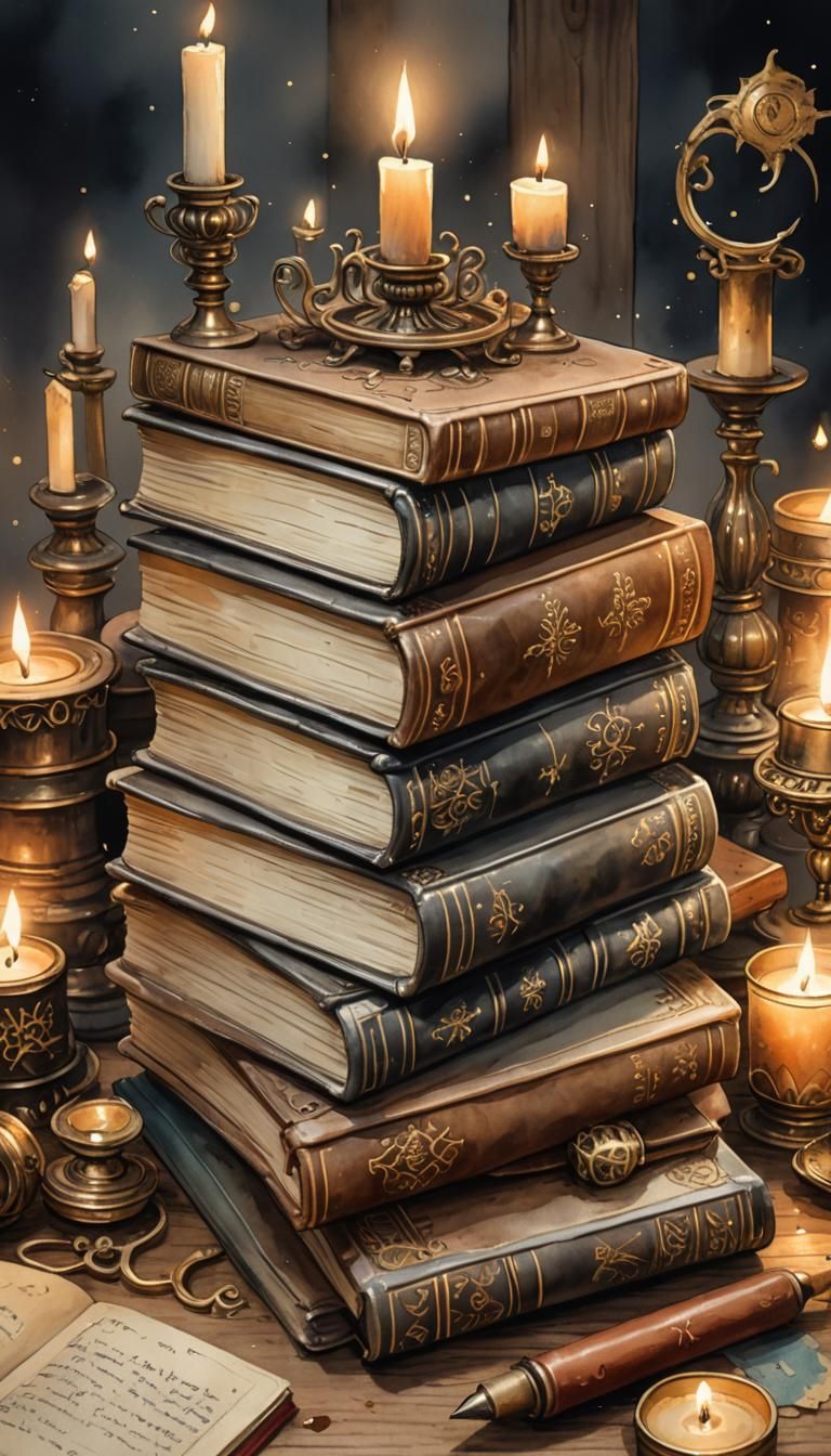 Golden Books with Candles in Watercolor Style