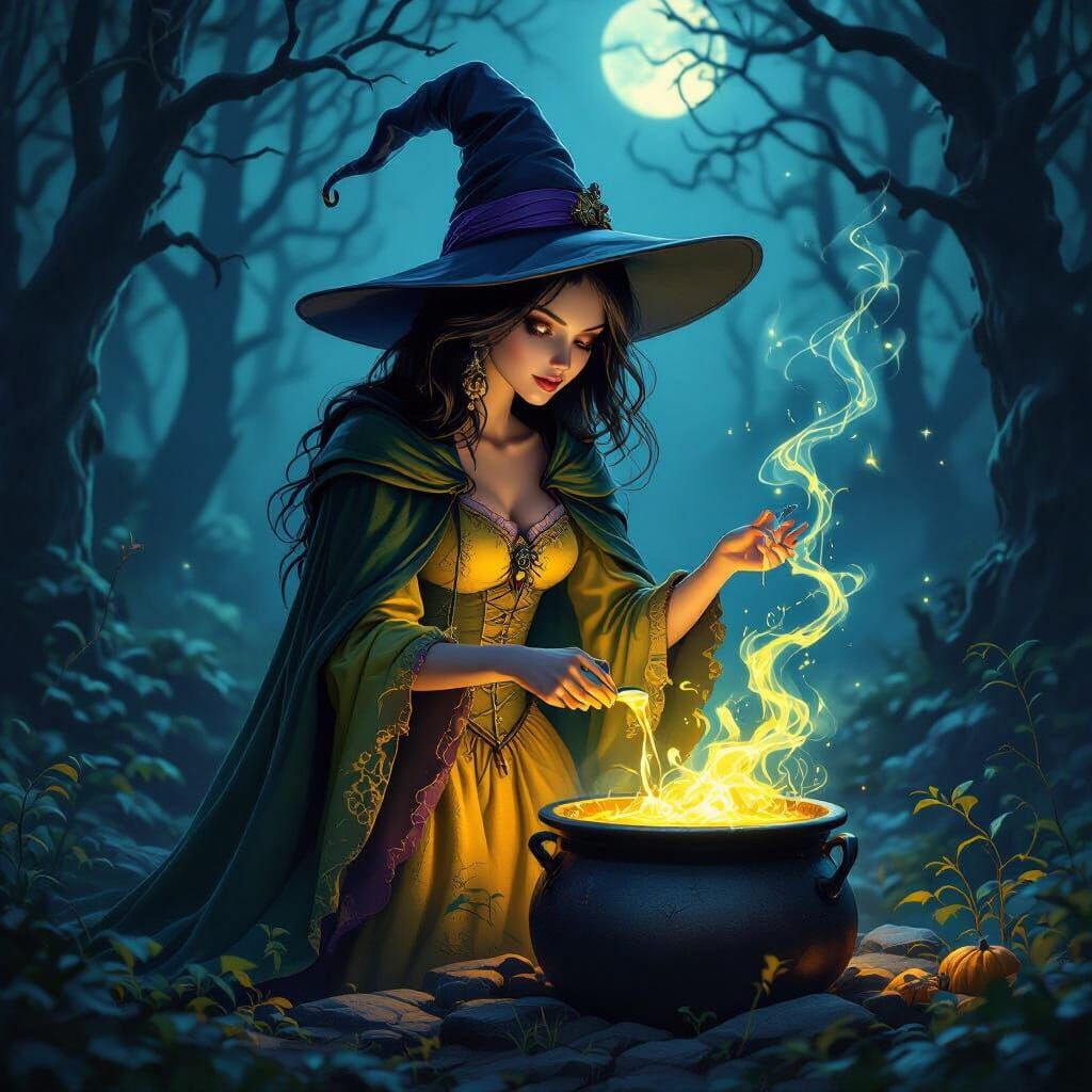 Witch Brewing Potion in Moonlit Forest