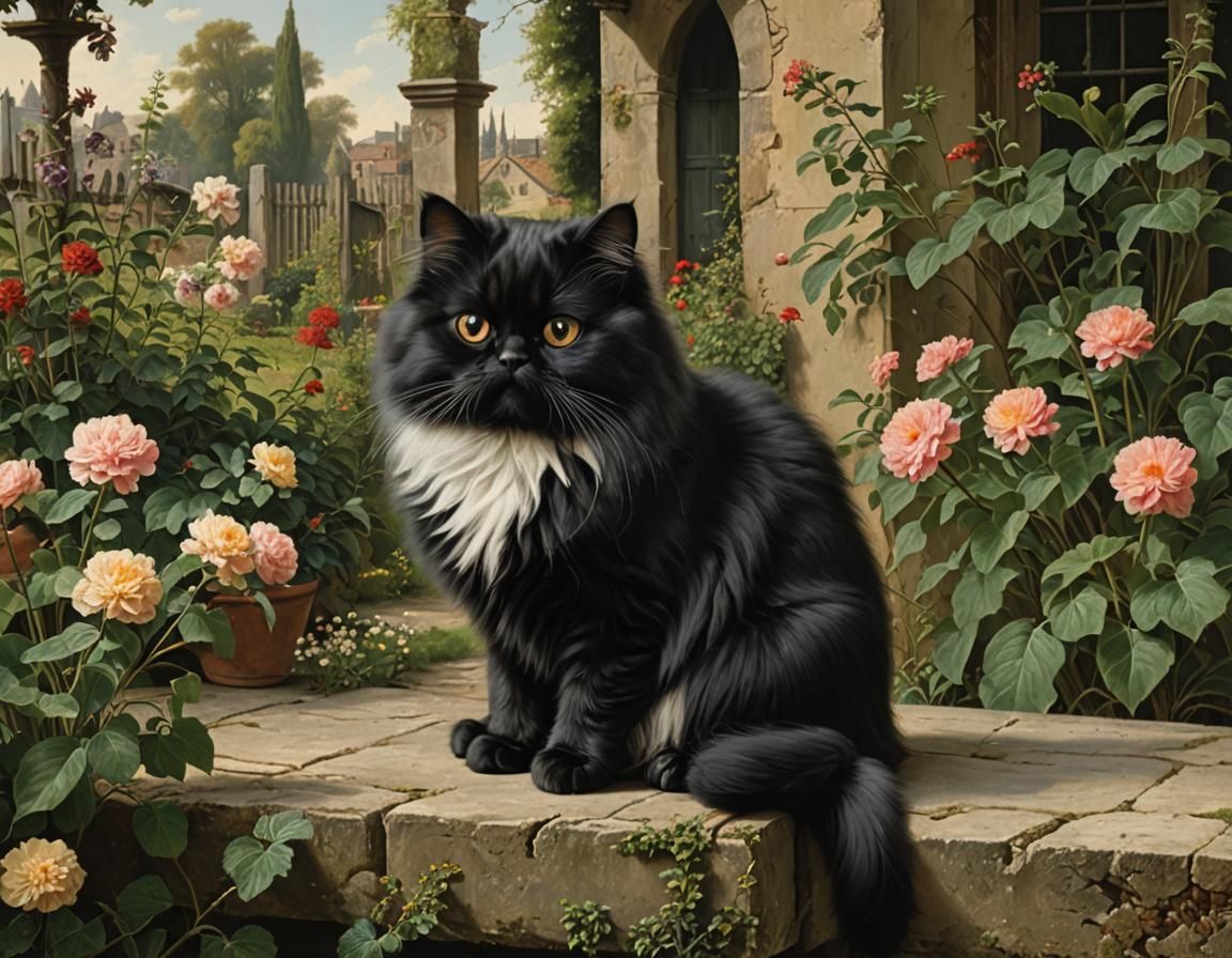 Black Persian Cat in Cottagecore Romanticism