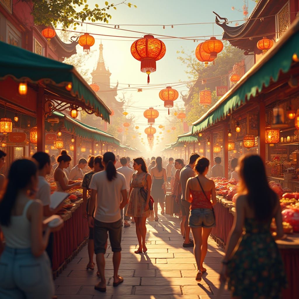 Vibrant Food Festival Scene in Golden Light