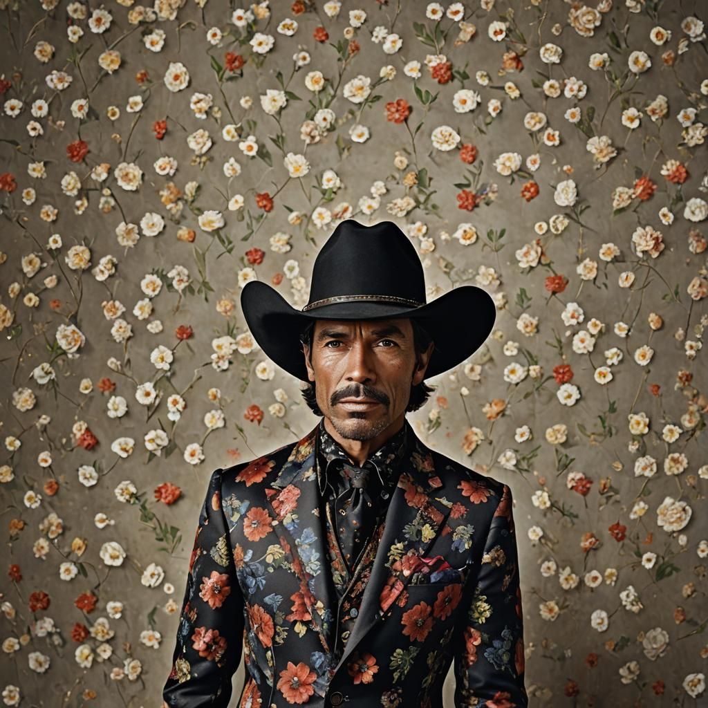 Gentleman Cowboy in Black Floral Suit Portrait