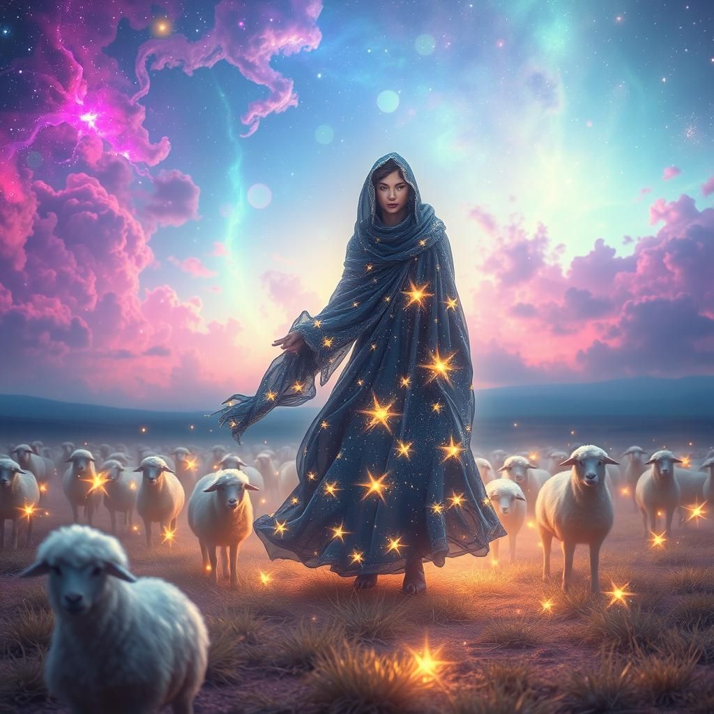 Mystical Being Herding Stars Across Cosmic Plain