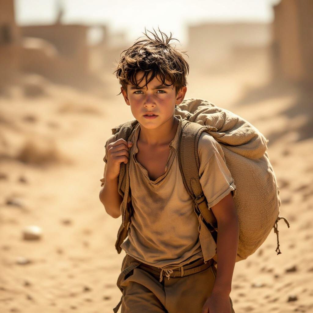 Resilient Boy Carries Heavy Load in Dusty Realism