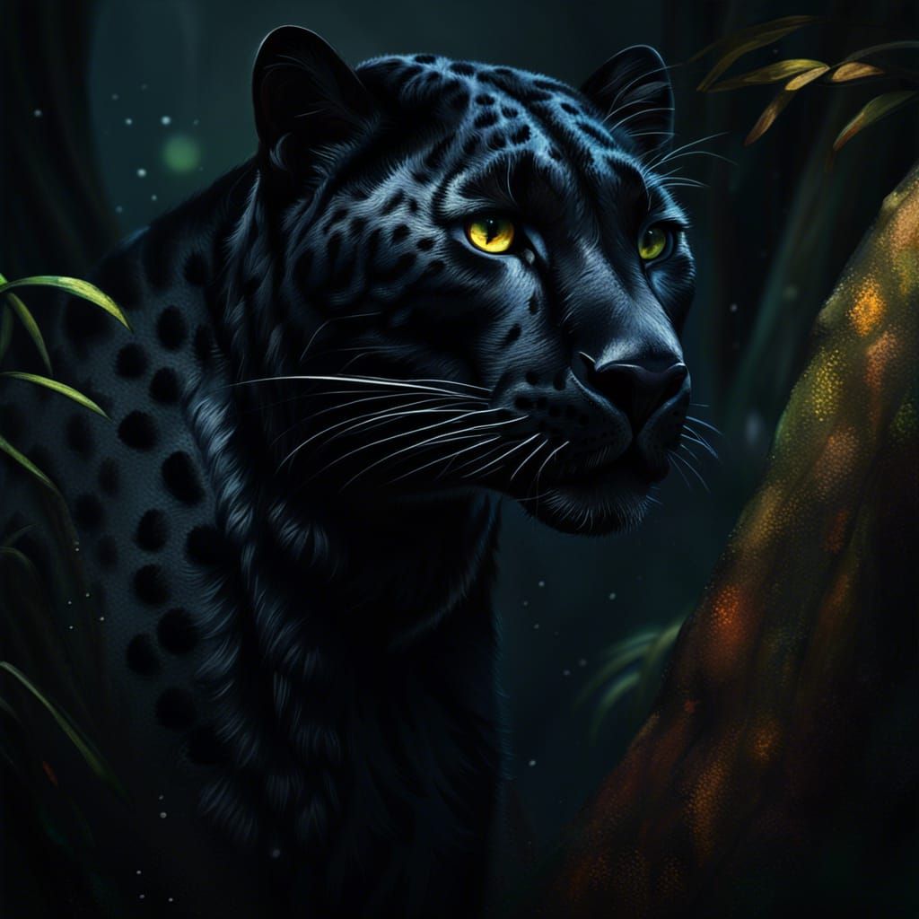 Black Leopard Hiding: Detailed Oil Painting