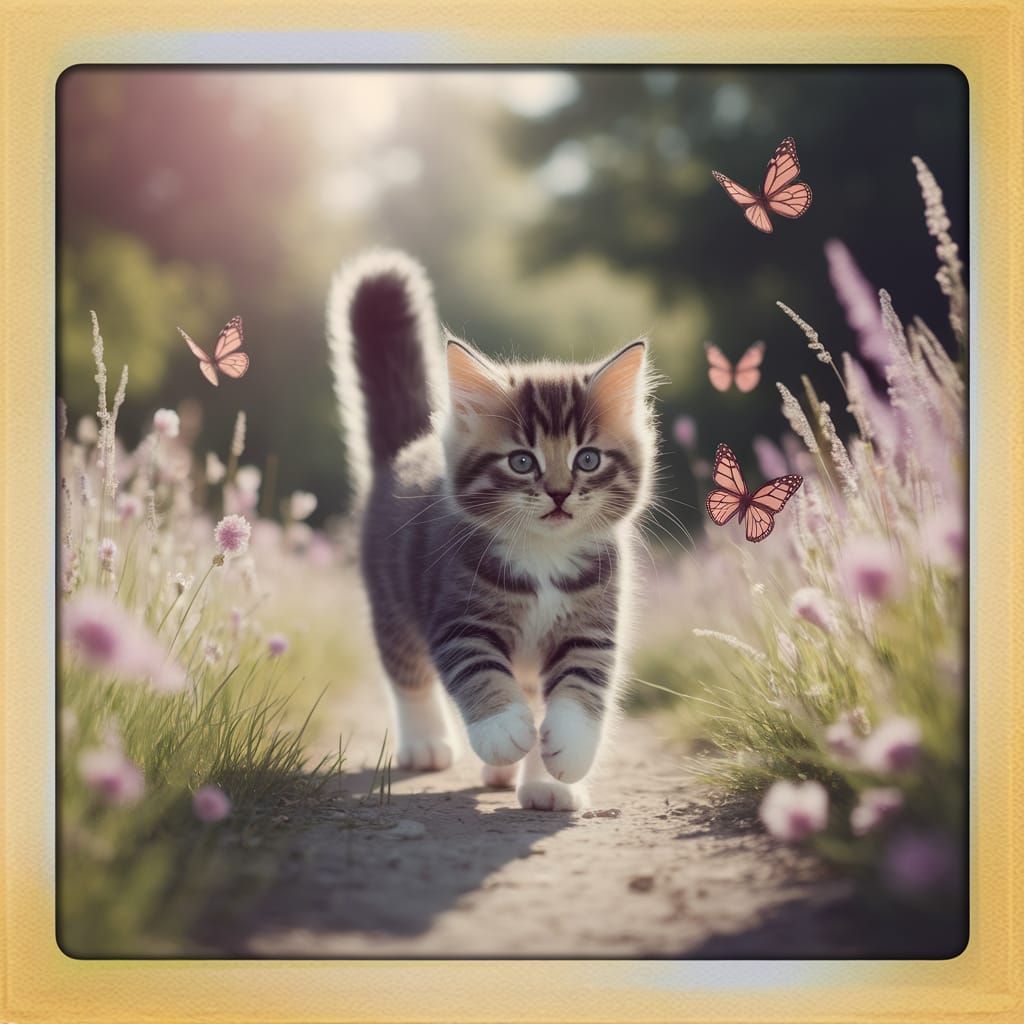 Kitten's Delight: Polaroid Photo of Playful Chase