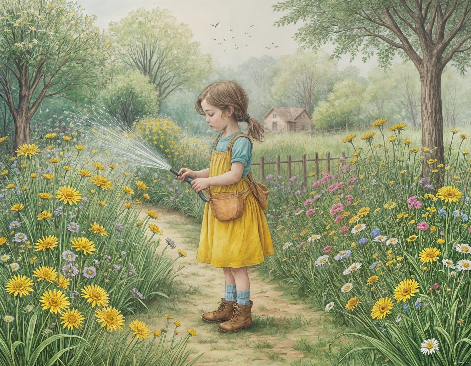 A Girl Waters Dandelions in a Vibrant Garden Scene