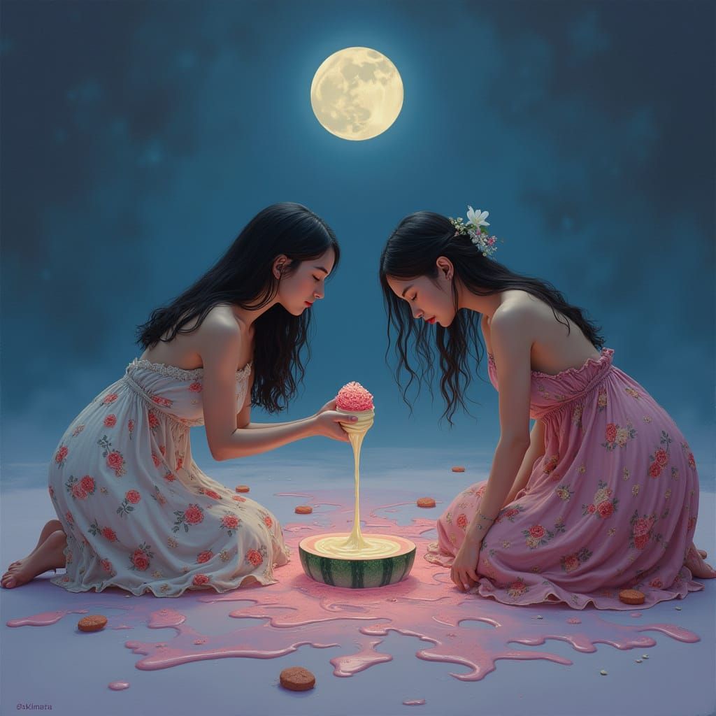 Ethereal Reverence in Moonlit Hues, Alphonse Mucha Style