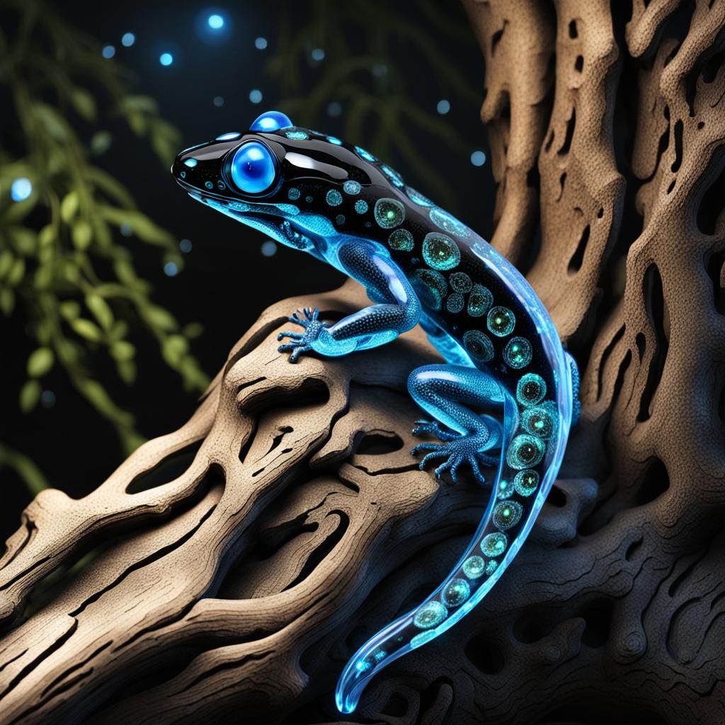 Bioluminescent Glass Gecko Sculpture in Graffiti Art Style