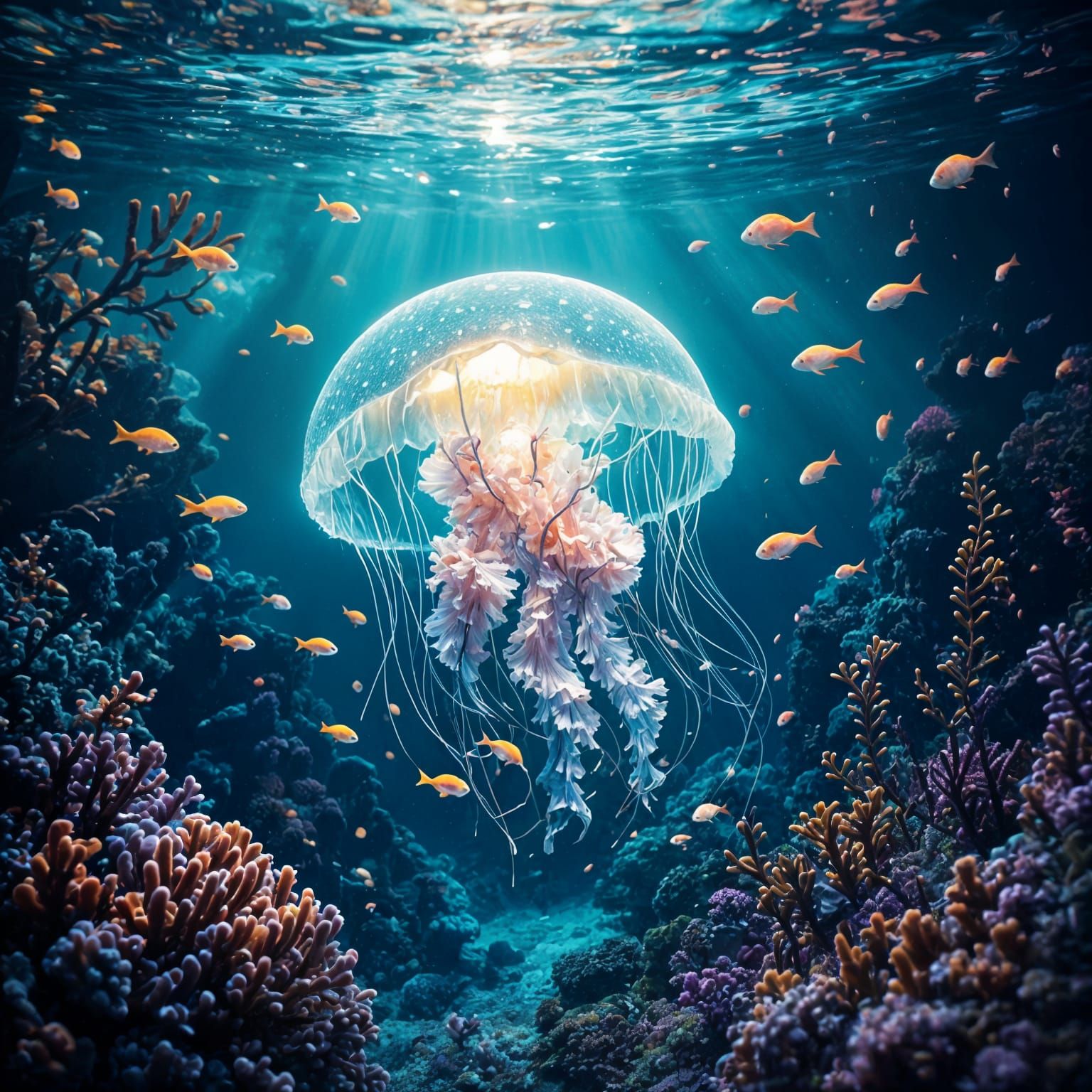 Bioluminescent Jellyfish in Underwater Garden