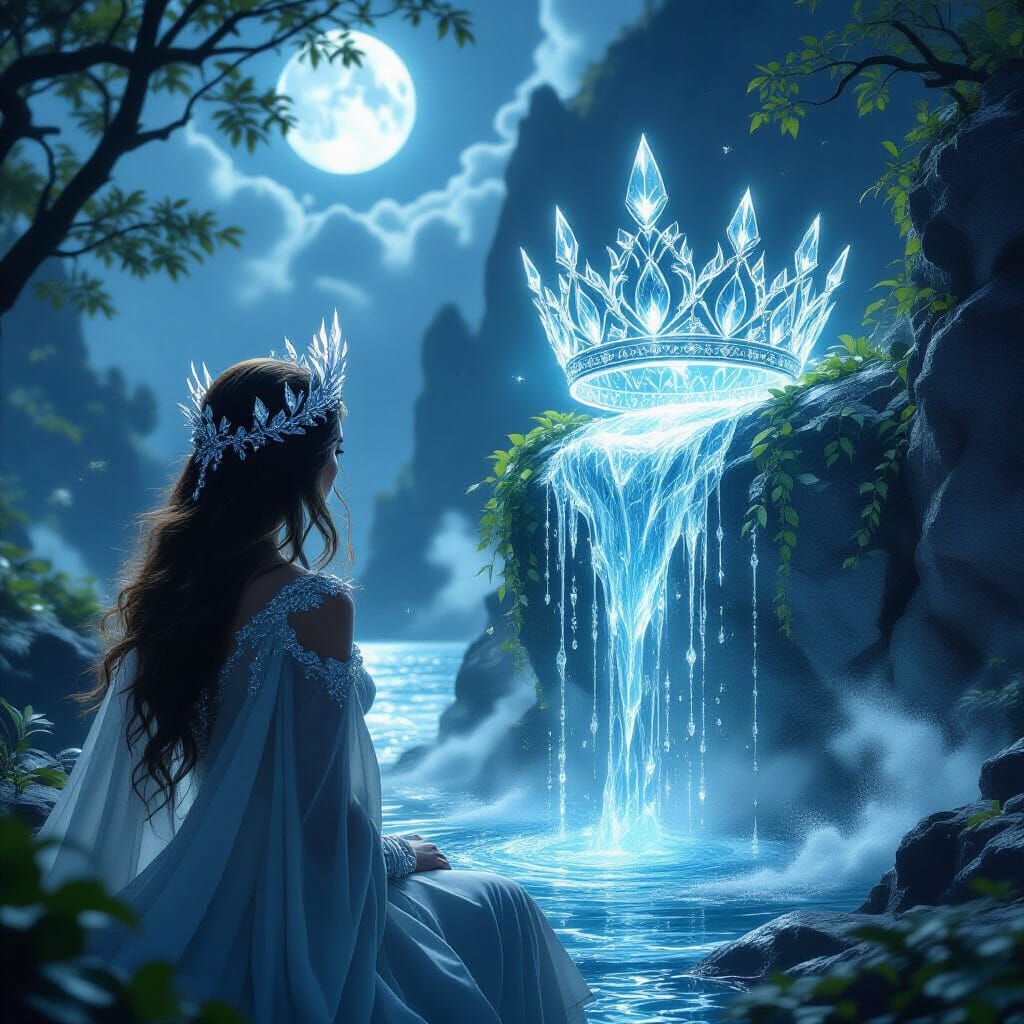 Majestic Crystal and Water Crowns in Ethereal Fantasy Art