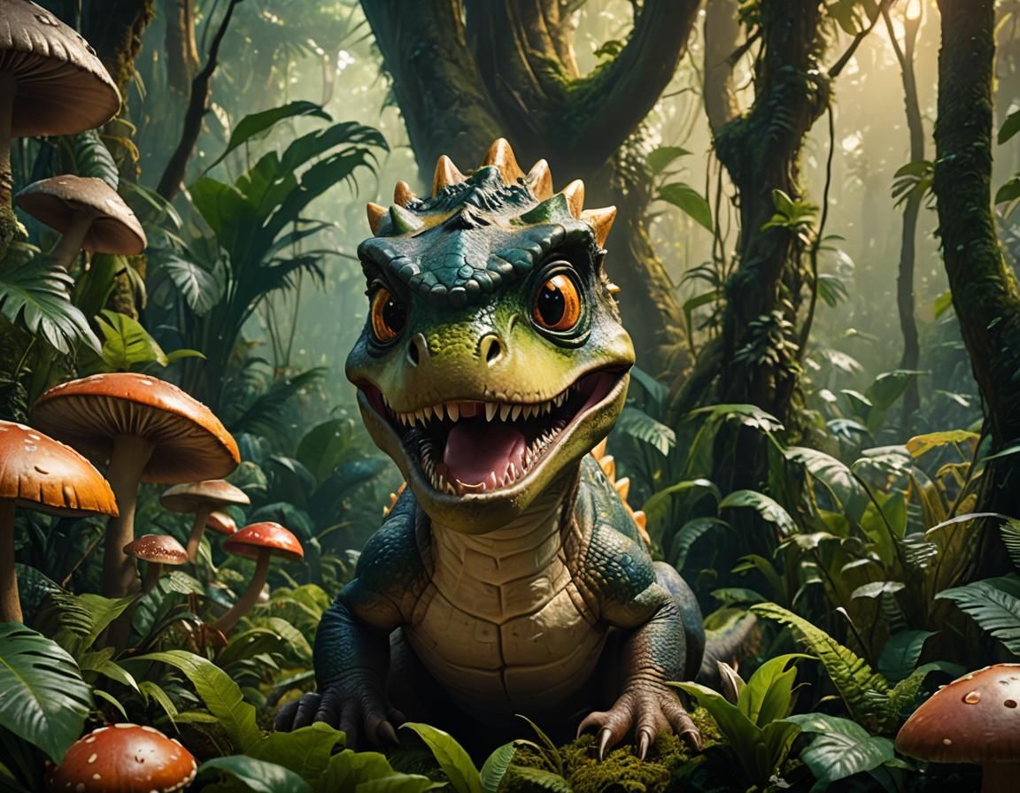 Happy Half-Dinosaur, Half-Mushroom Portrait in Jungle