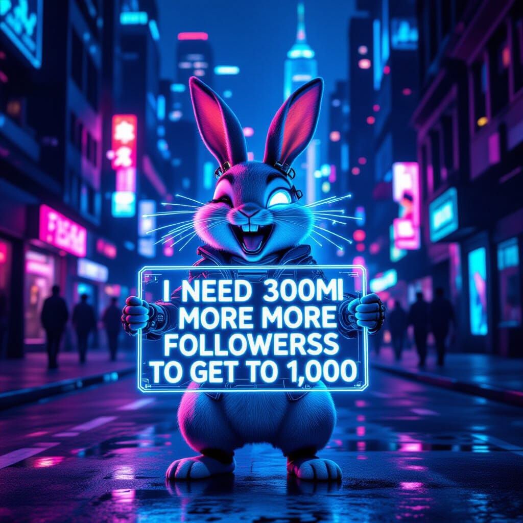 Cyberpunk Bunny Demands Followers in Neon City