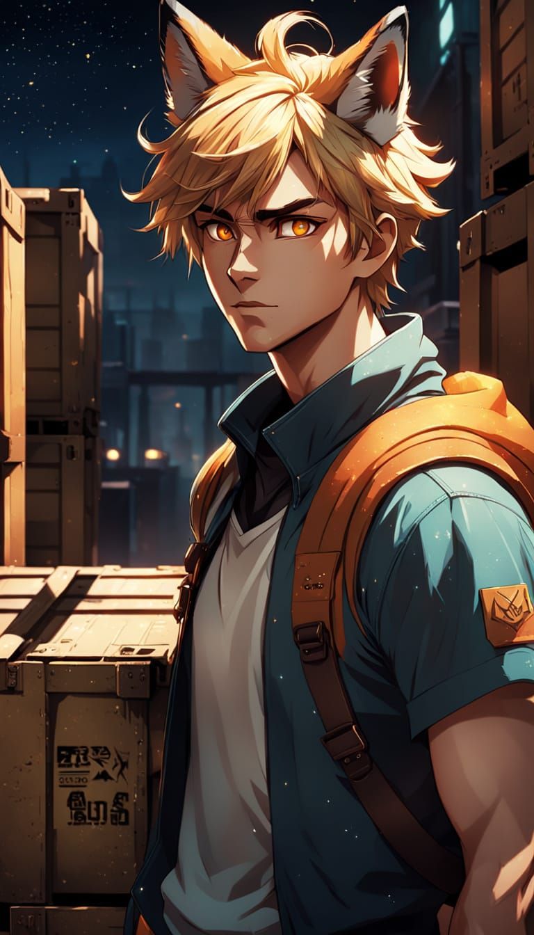 Anime-Style Portrait of a Mischievous Young Man with Fox Ear...