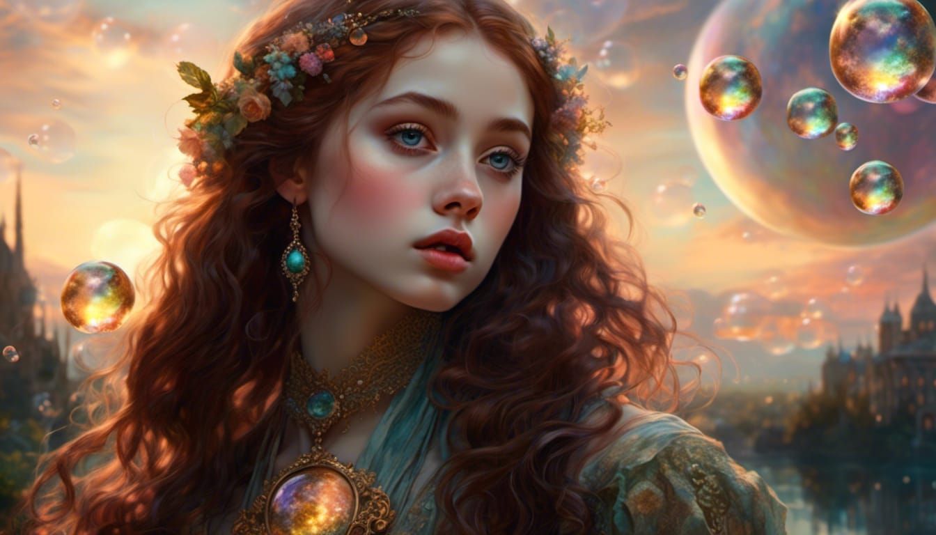 Copper Haired Beauty Kissing an Iridescent Bubble