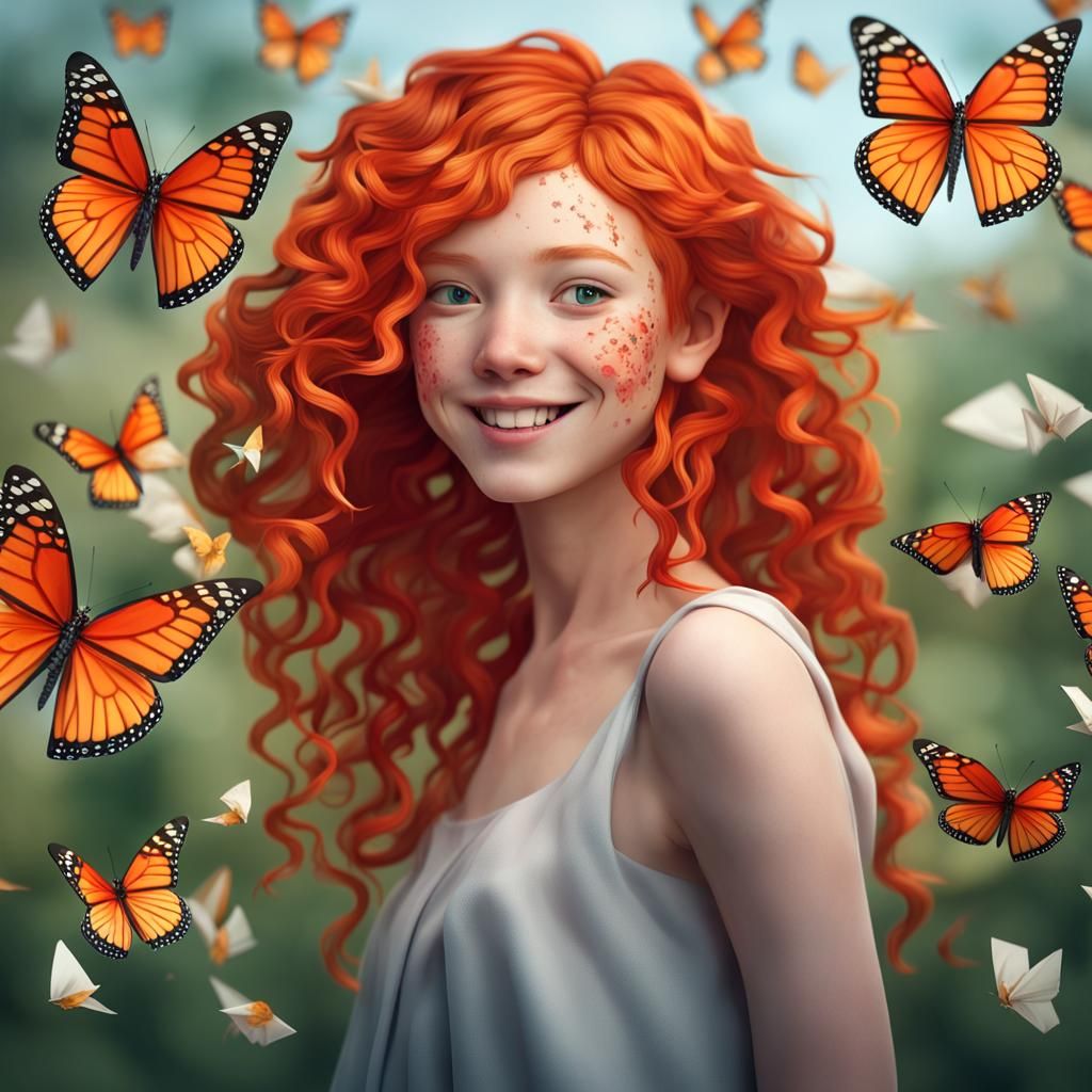 Girl with Monarch Butterflies in Origami Style