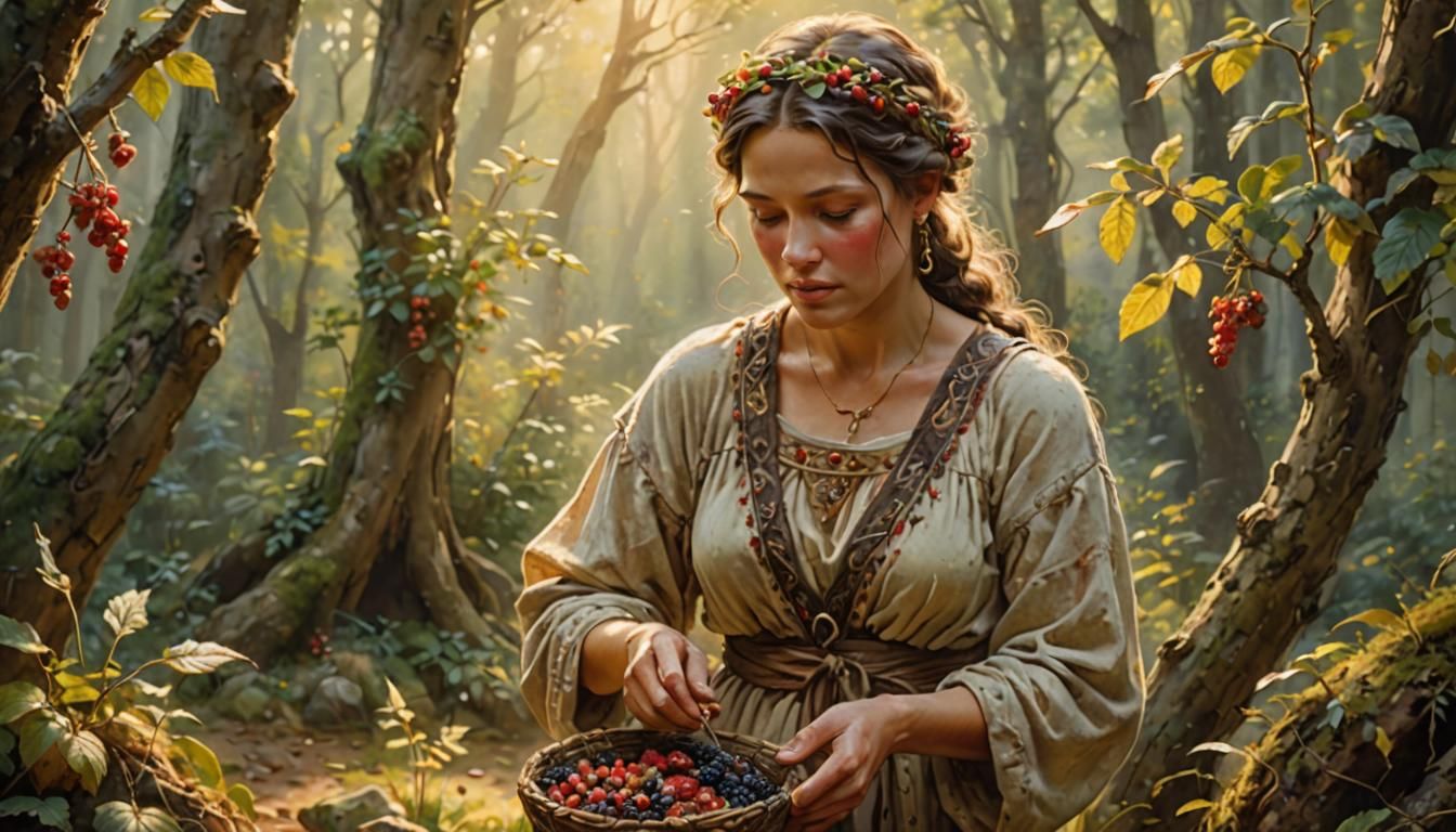 Neolithic Woman Foraging in Sunlit Forest