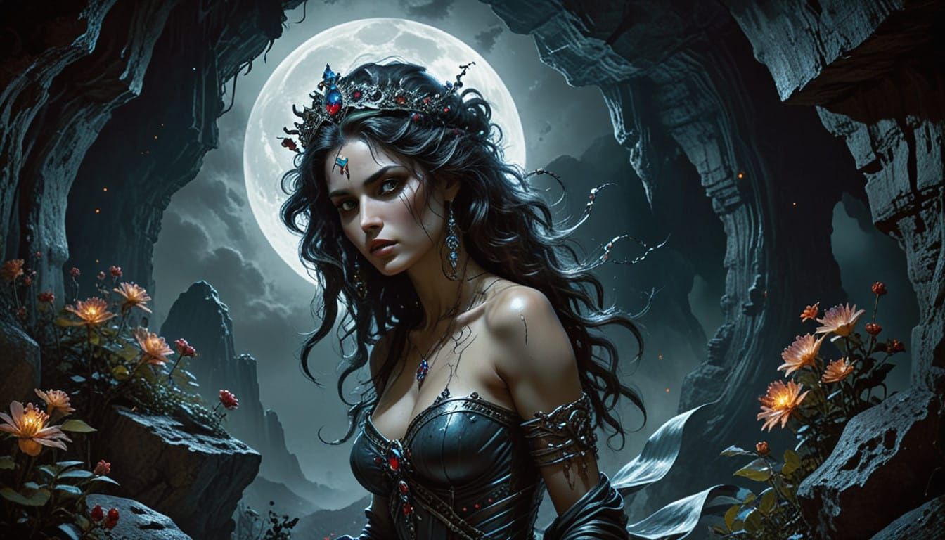 Lamia Goddess with Glowing Flowers in Ethereal Moonlight