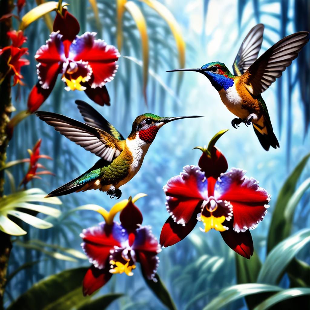 Hummingbirds in Jungle, Art Deco Photorealistic Style