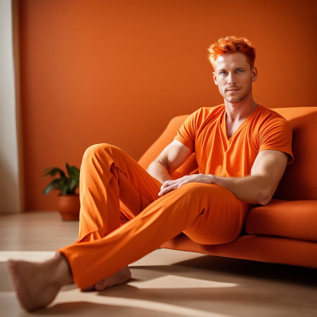 Orange Haired Man in Orange Jumpsuit, Professional Photograp...