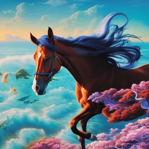 Horse Leaping into Water: Hyperdetailed Gouache Illustration