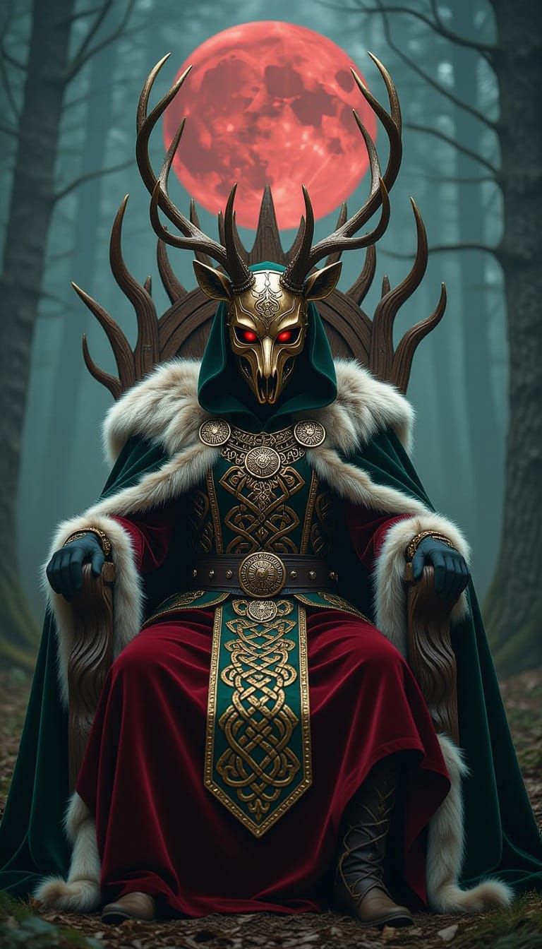 Masked Deity on Antler Throne Under Blood Moon