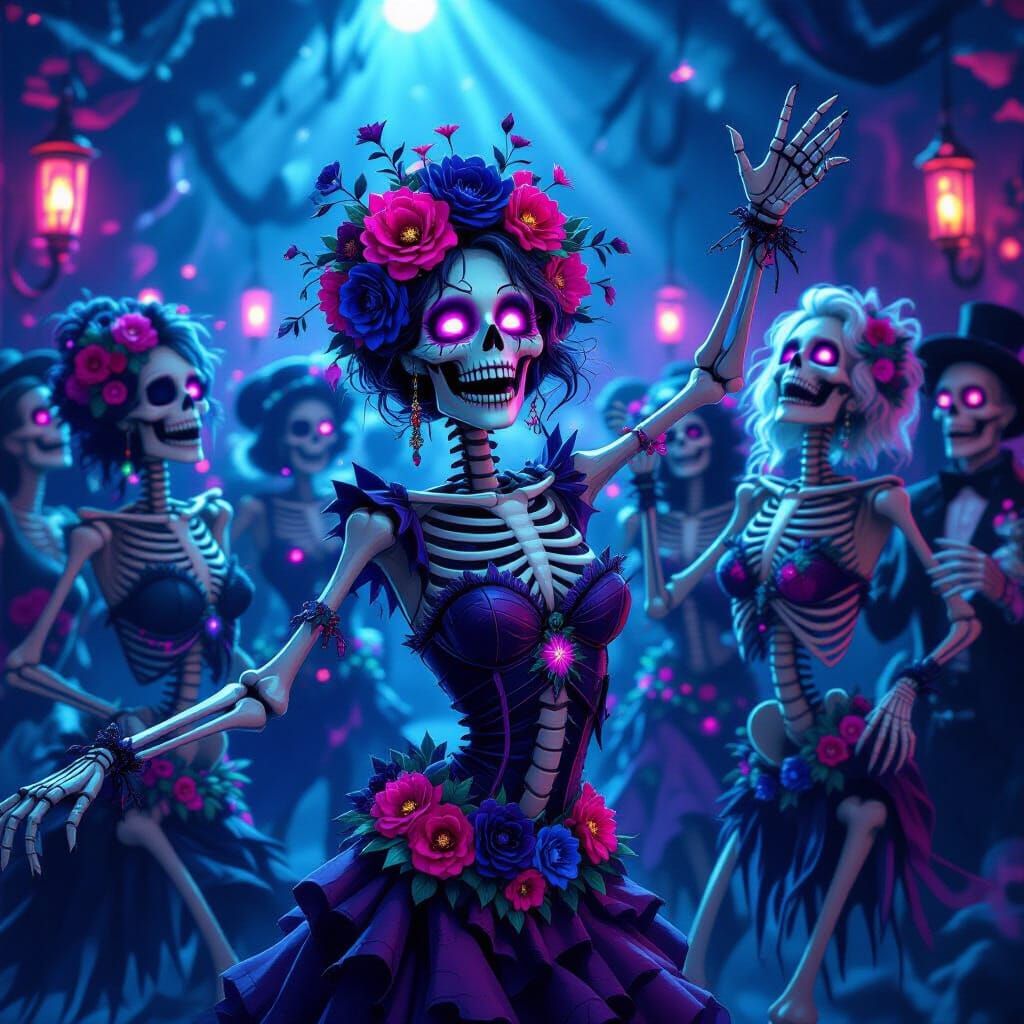 Vibrant Undead Party Scene with Skeletons and Zombies