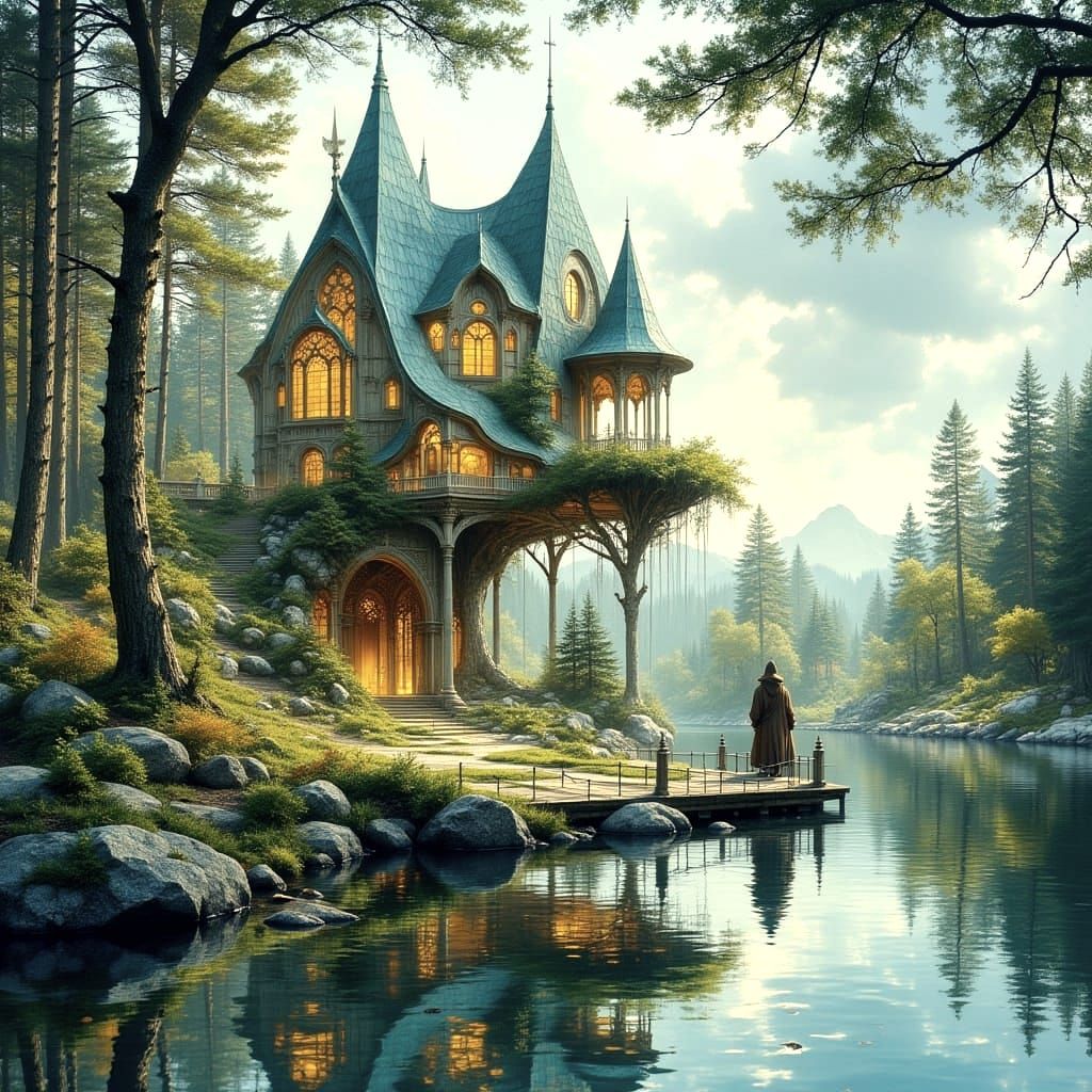 Wizard Conjures Glass Castle on Crystal Lake in Rackham Styl...