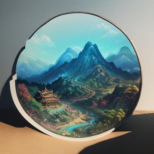 Detailed Asian Landscape in Parchment Ink Style