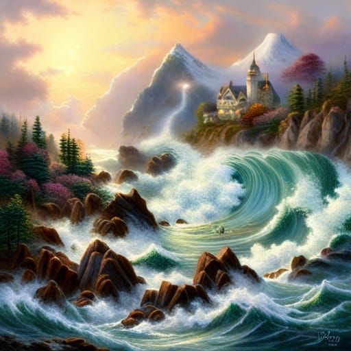 Ethereal Tsunami Fantasy in Kinkade Style