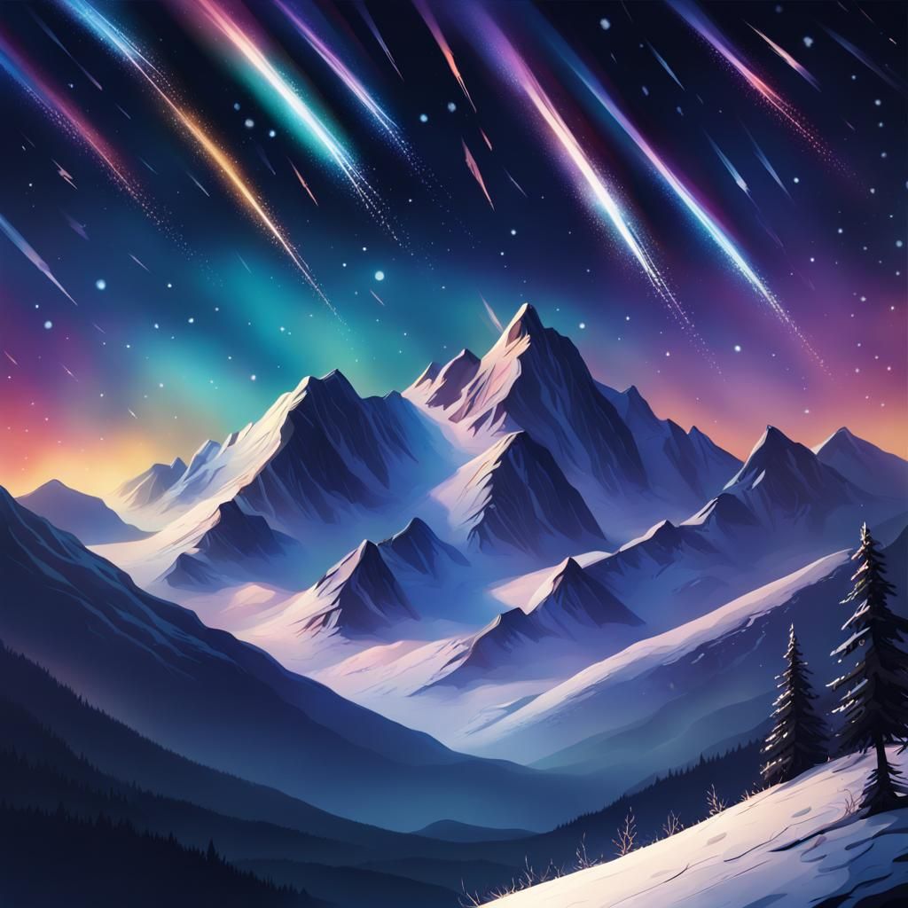Snowy Mountains at Night with Shooting Stars