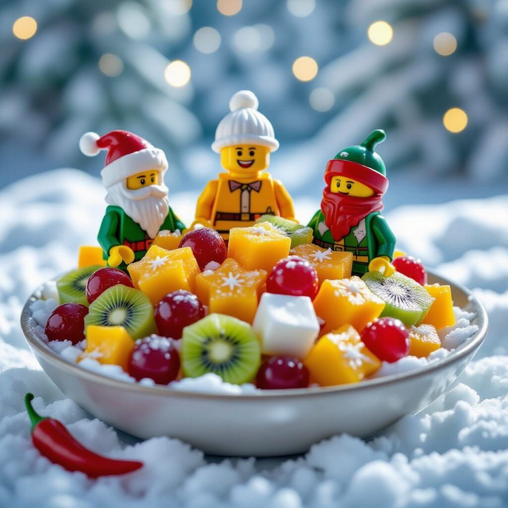 Festive Fruit Salad Minifigures in Snowy Winter Scene