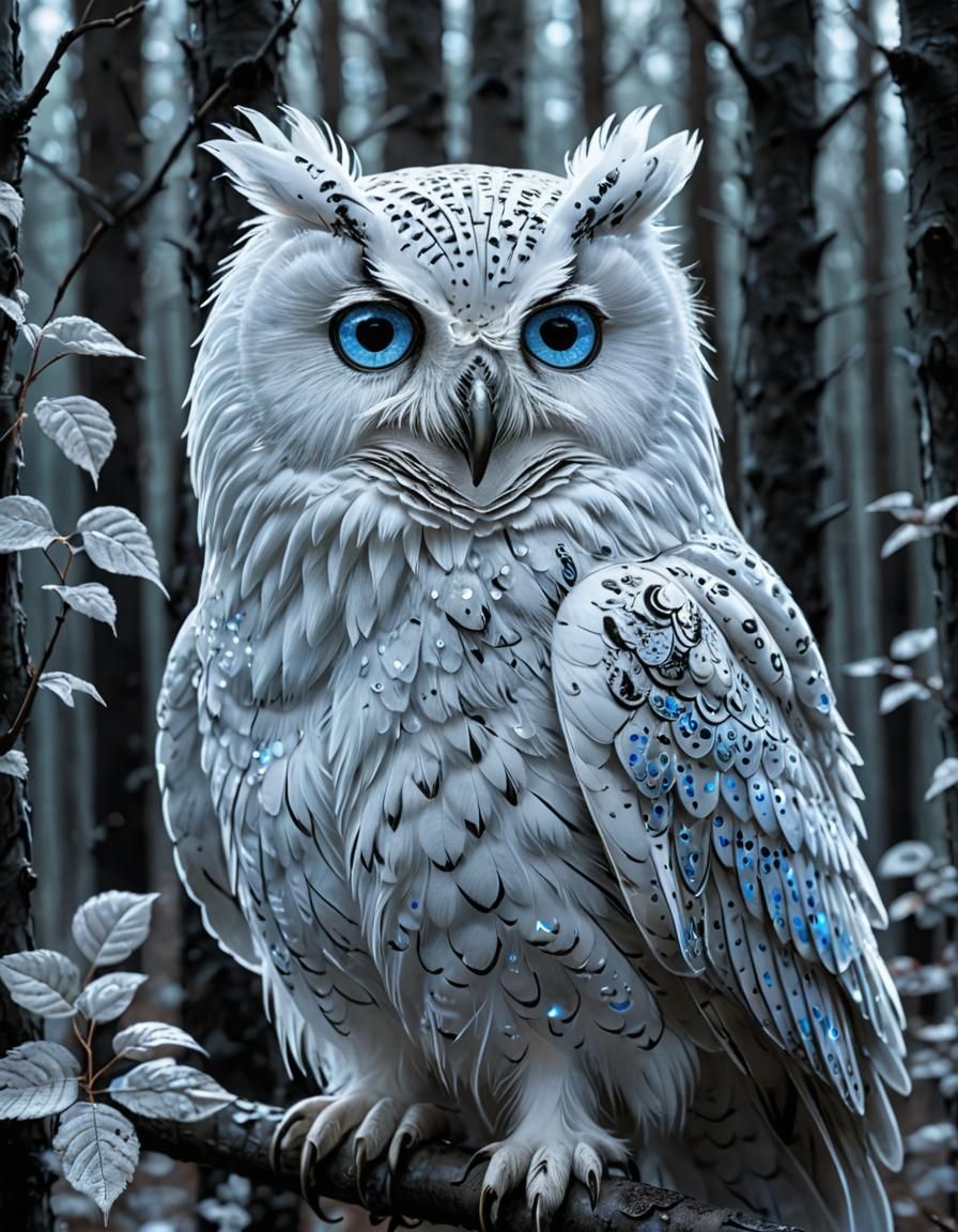 Holographic White Owl in Neon Lit Forest