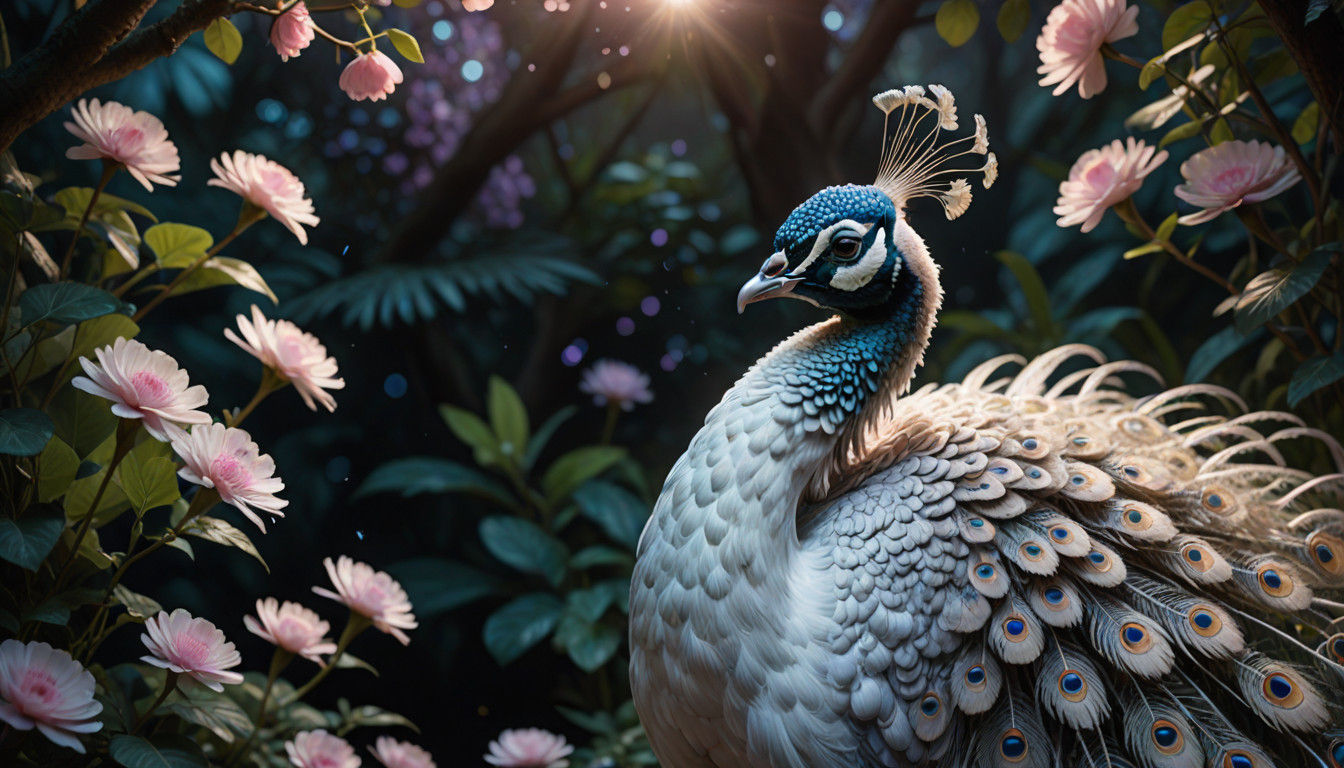 Surreal Moonlit White Peacock in Serene Garden