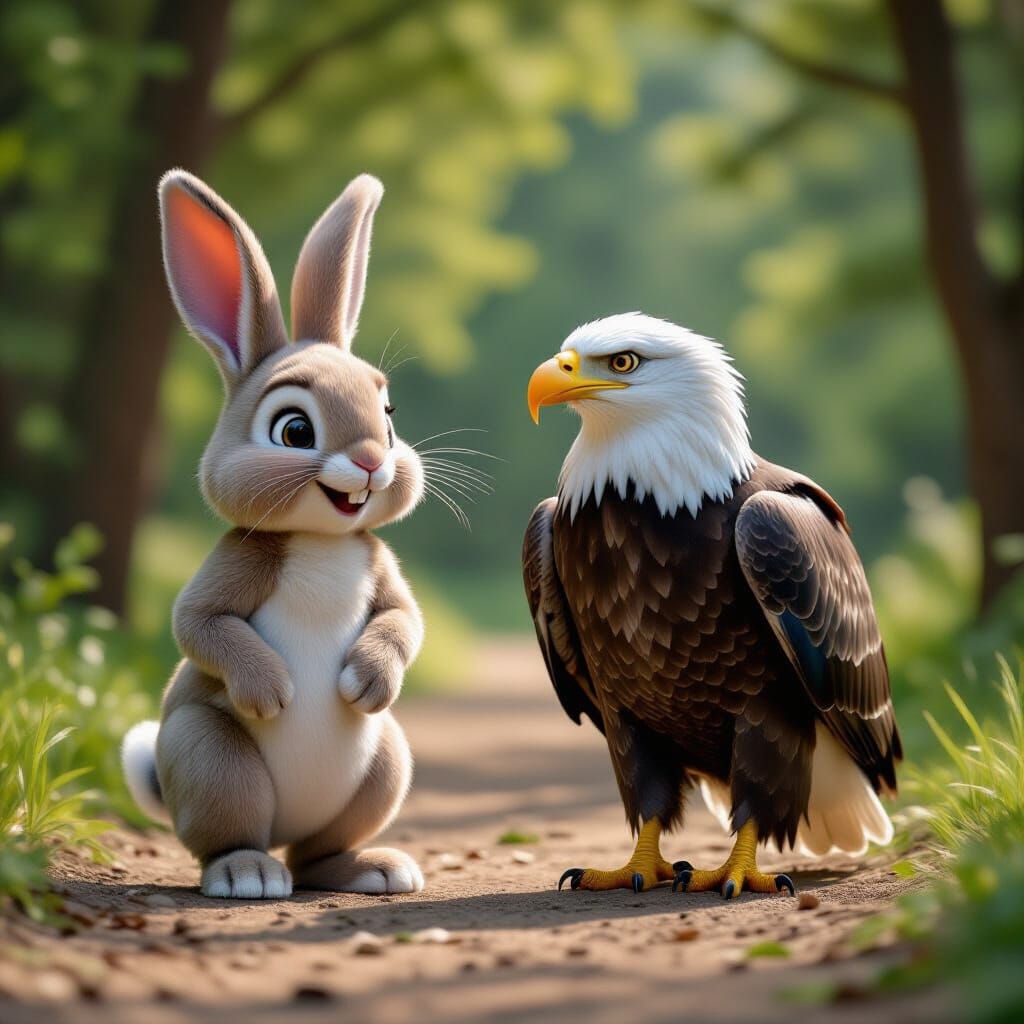 Cartoon Rabbit and Eagle Walk Together