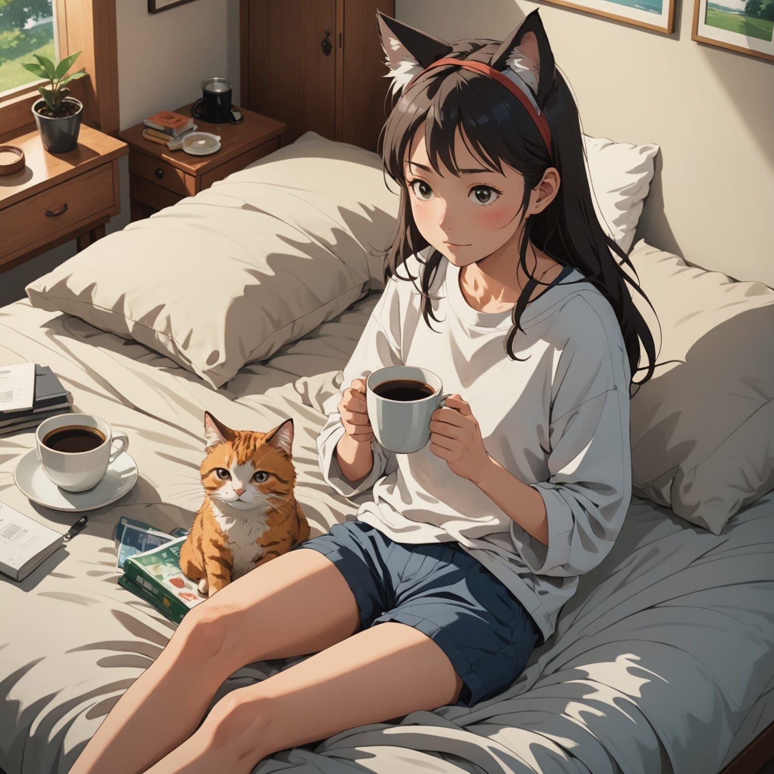 Young Woman with Cat Ears Sits on Bed with Coffee in Anime S...