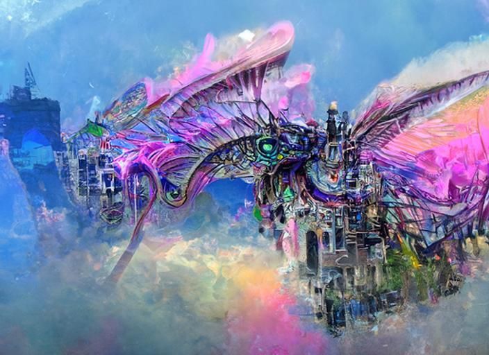 Dragon Flies Over Cyberpunk Fairy City