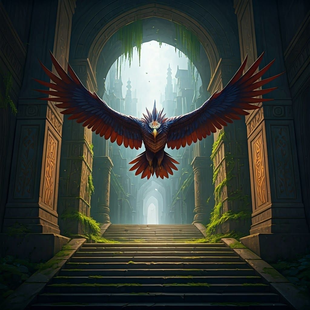 Dragon-Eagle Soaring Through Fantasy City Archway
