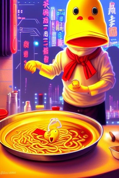 Cyberpunk Duck Chef Cooking Ramen: Digital Illustration