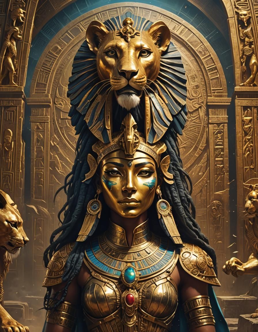 Sekhmet with Lioness Mask: Baroque Steampunk Oil Painting