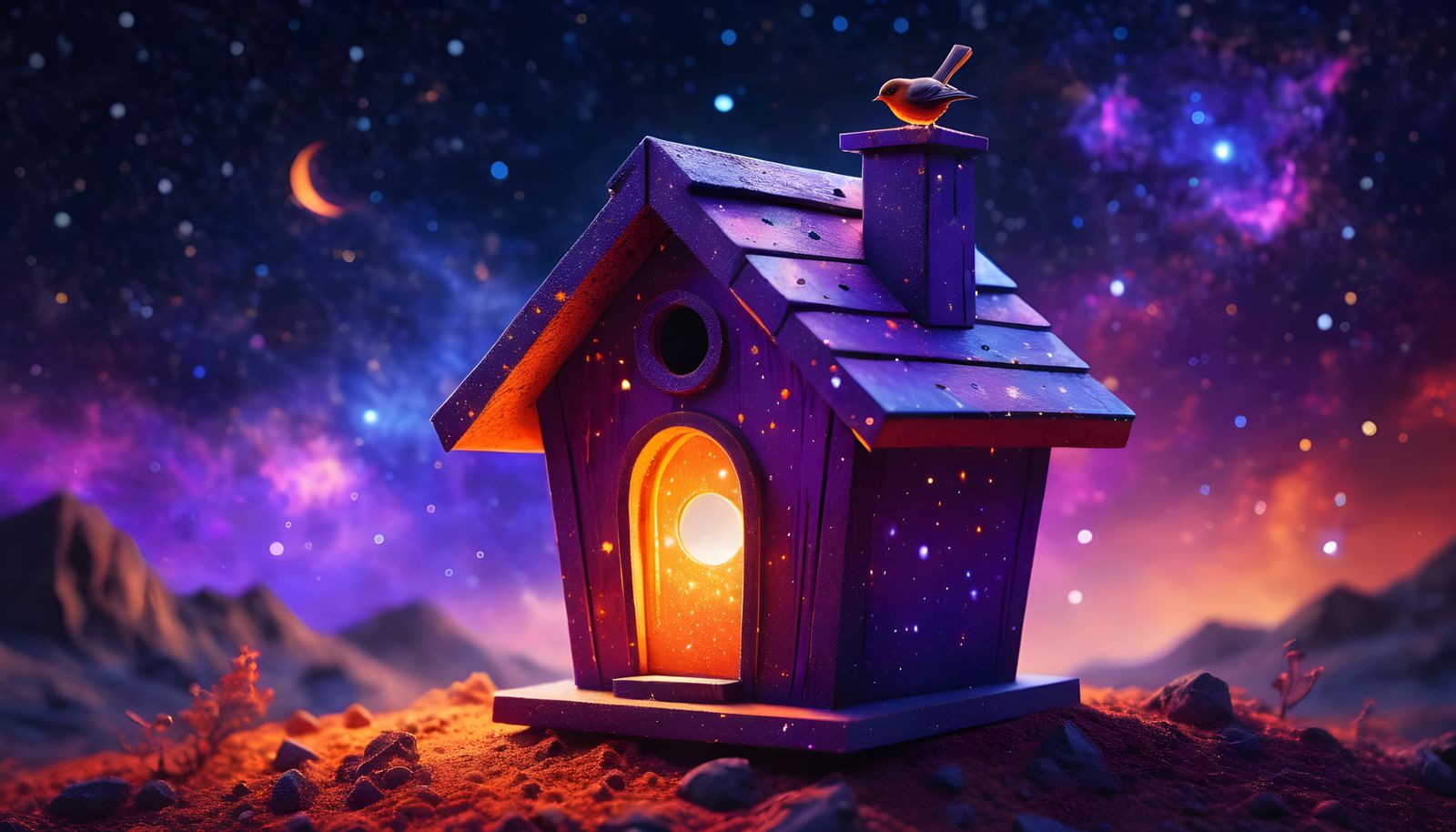 Magical Birdhouse with Galaxy Backdrop in Digital Painting