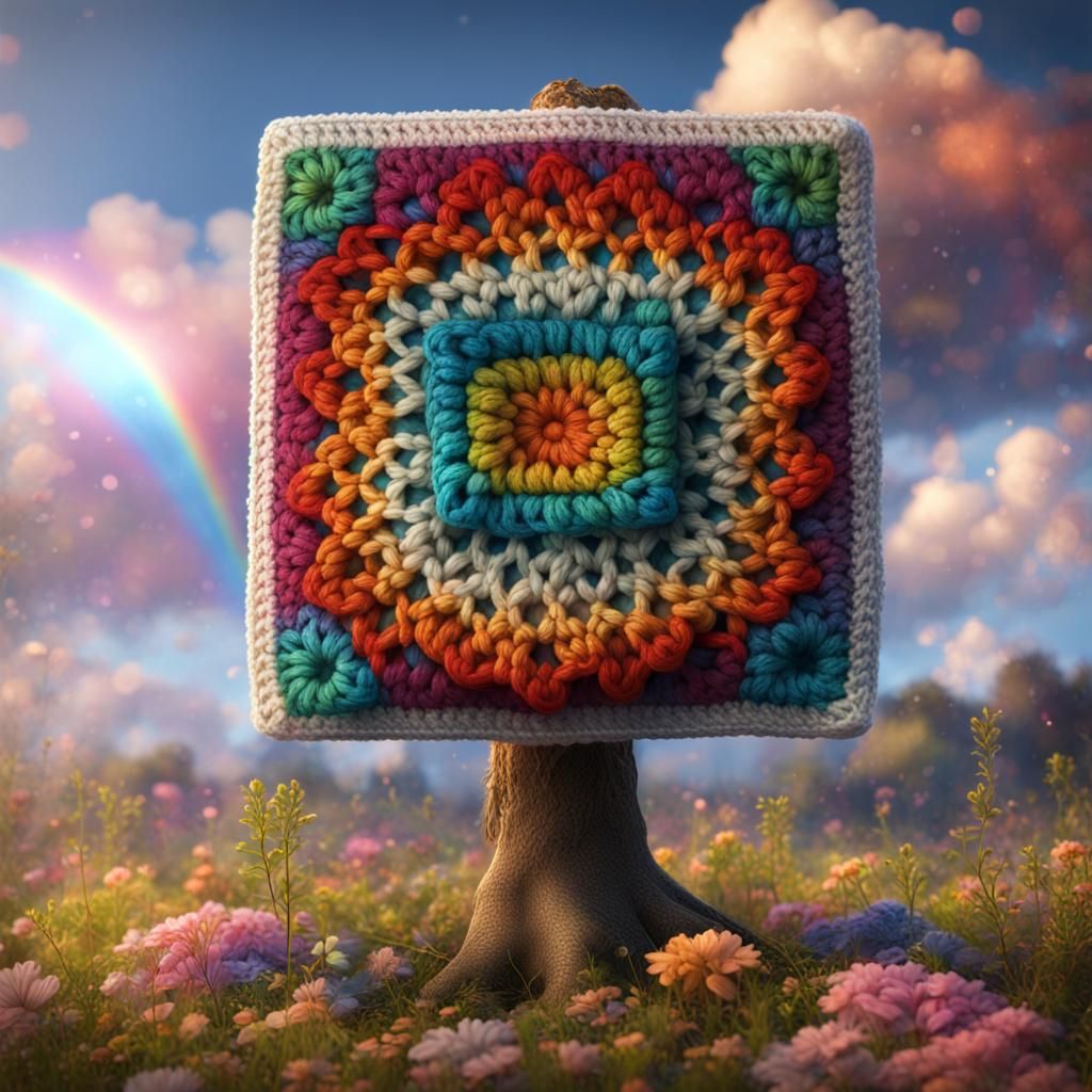 Crocheted Granny Square with Rainbow in Detailed Matte Paint...