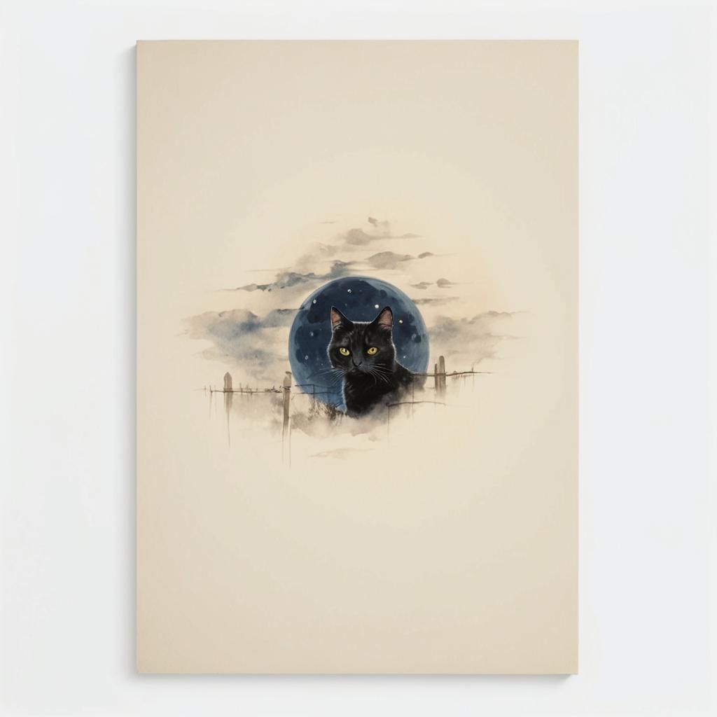 Mysterious Cat in Moonlit Gothic Oil Painting
