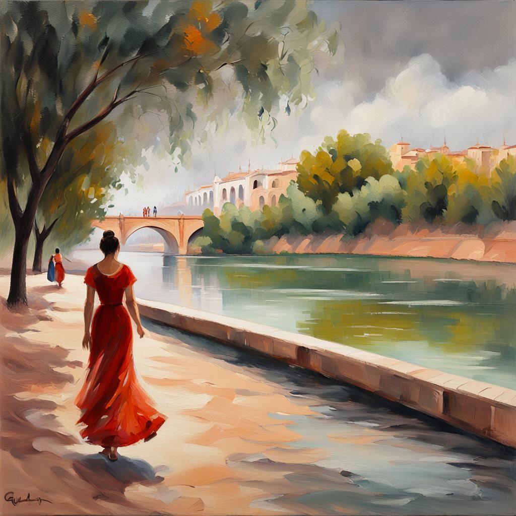 "a beautiful guadalquivir river side oil painting, red, jade, orange and grey, sharp lines and blended tones"

"neo-impr...