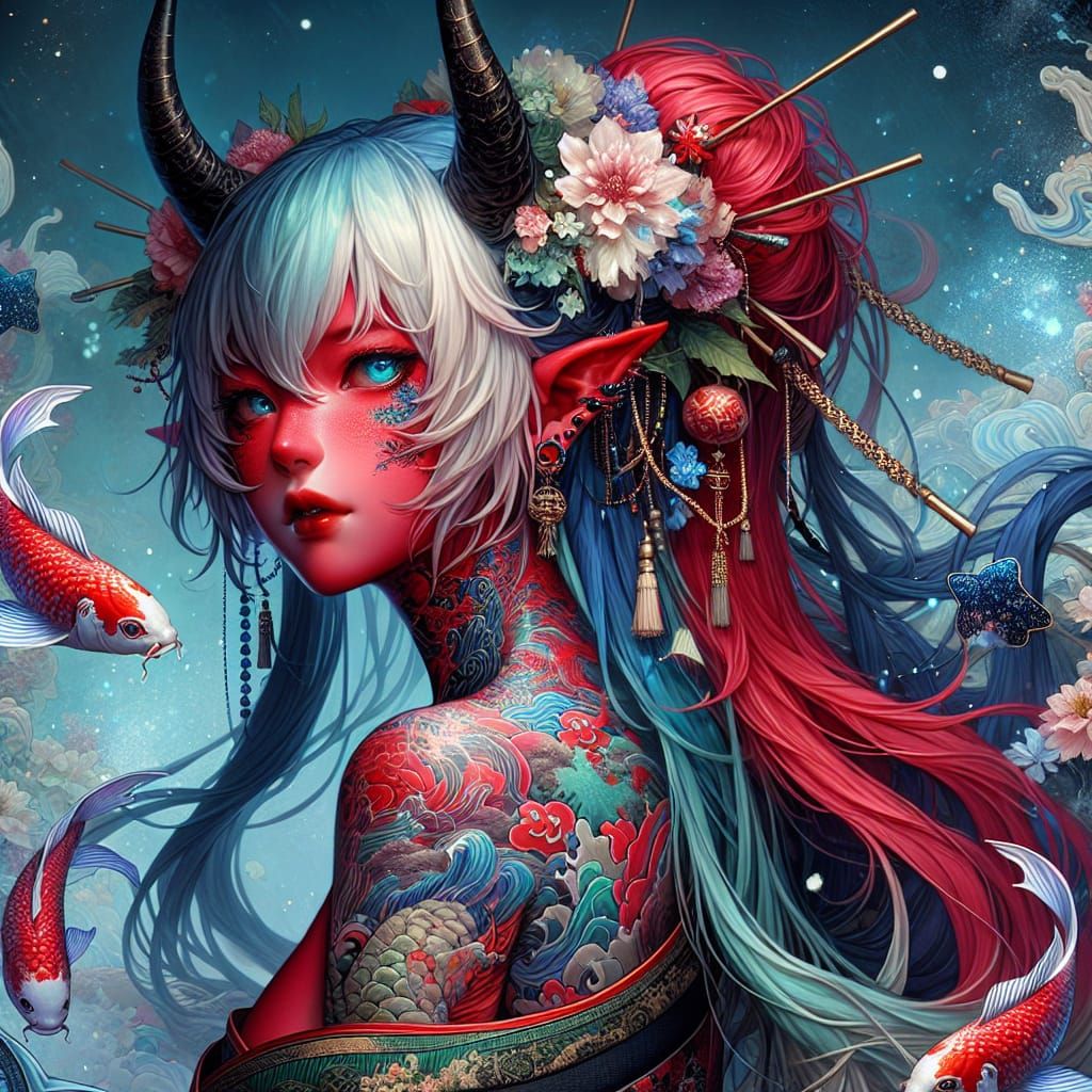 Charming Red Oni Girl with Koi Tattoos