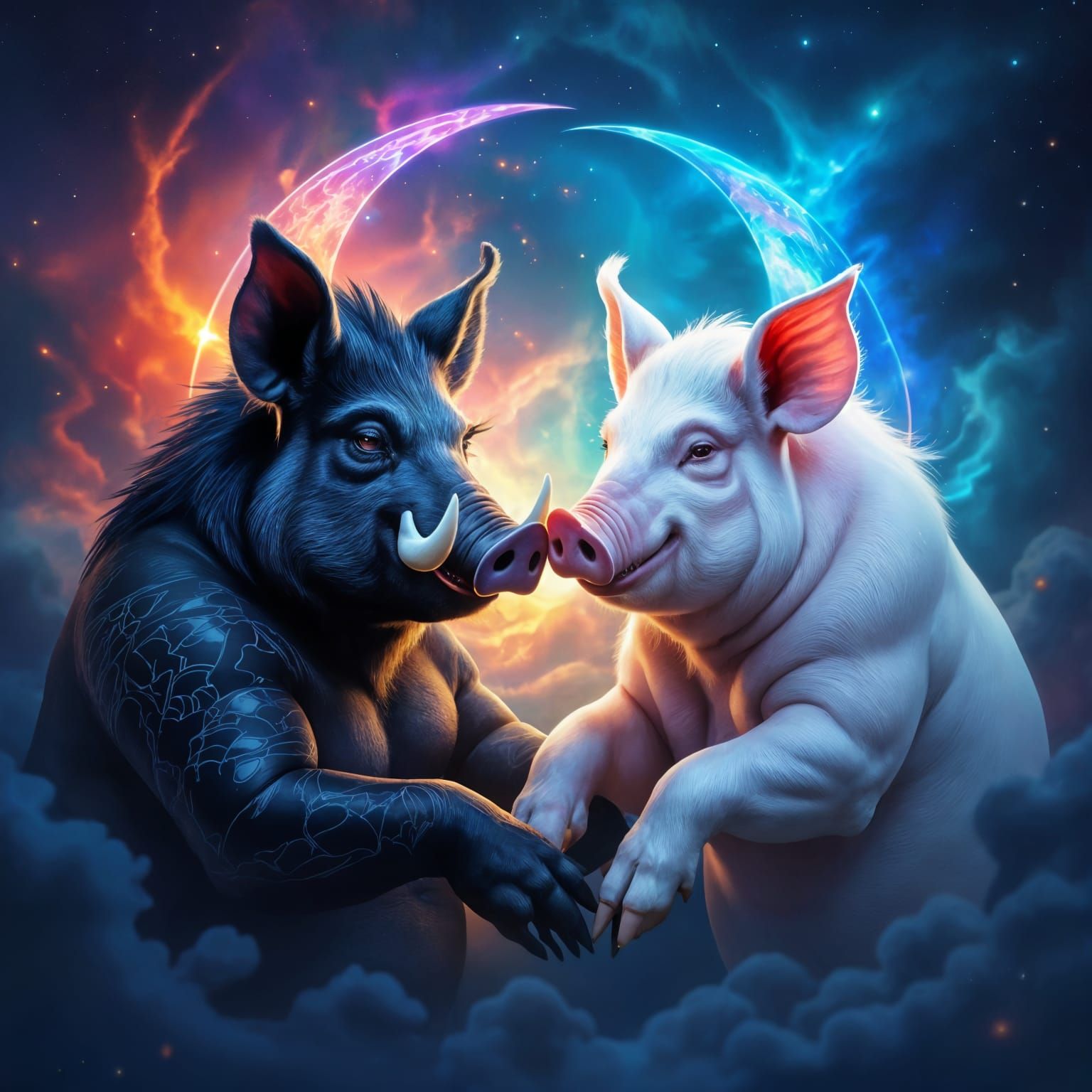 Yin Yang Boar and Pig Astral Illustration