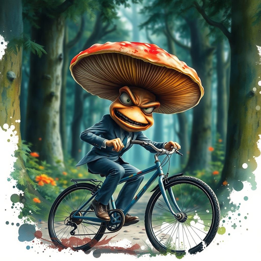 Shiitake Mushroom Rides Bicycle Through Enchanted Forest